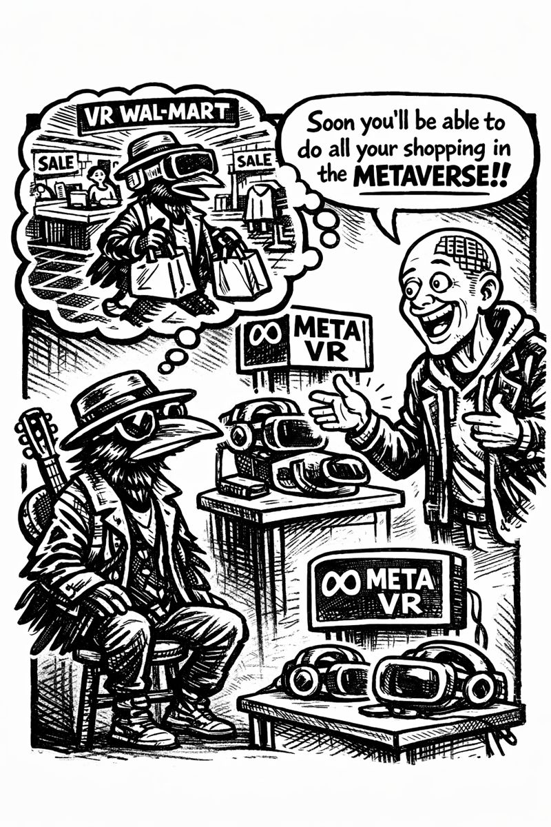 crow joe in the age of ai comic - crow joe the blues playing crow is sitting down in front of an in store display of meta virtual reality headsets.  the transhumanist, techbro technocrat with business suit over hoodie and bald head with visible brain chip, is giving a manic sales pitch 'soon you'll be able to do all your shopping in the metaverse!!' crow joe looks skeptical and above his head is a ridiculous thought bubble of crow joe imagining himself at vr walmart holding shopping bags with vr goggles on.  the point of the metaverse was never really clear aside from the transhumanist technocrat's desire to monetize it.  vr walmart is an uninspired waste of vr potential.